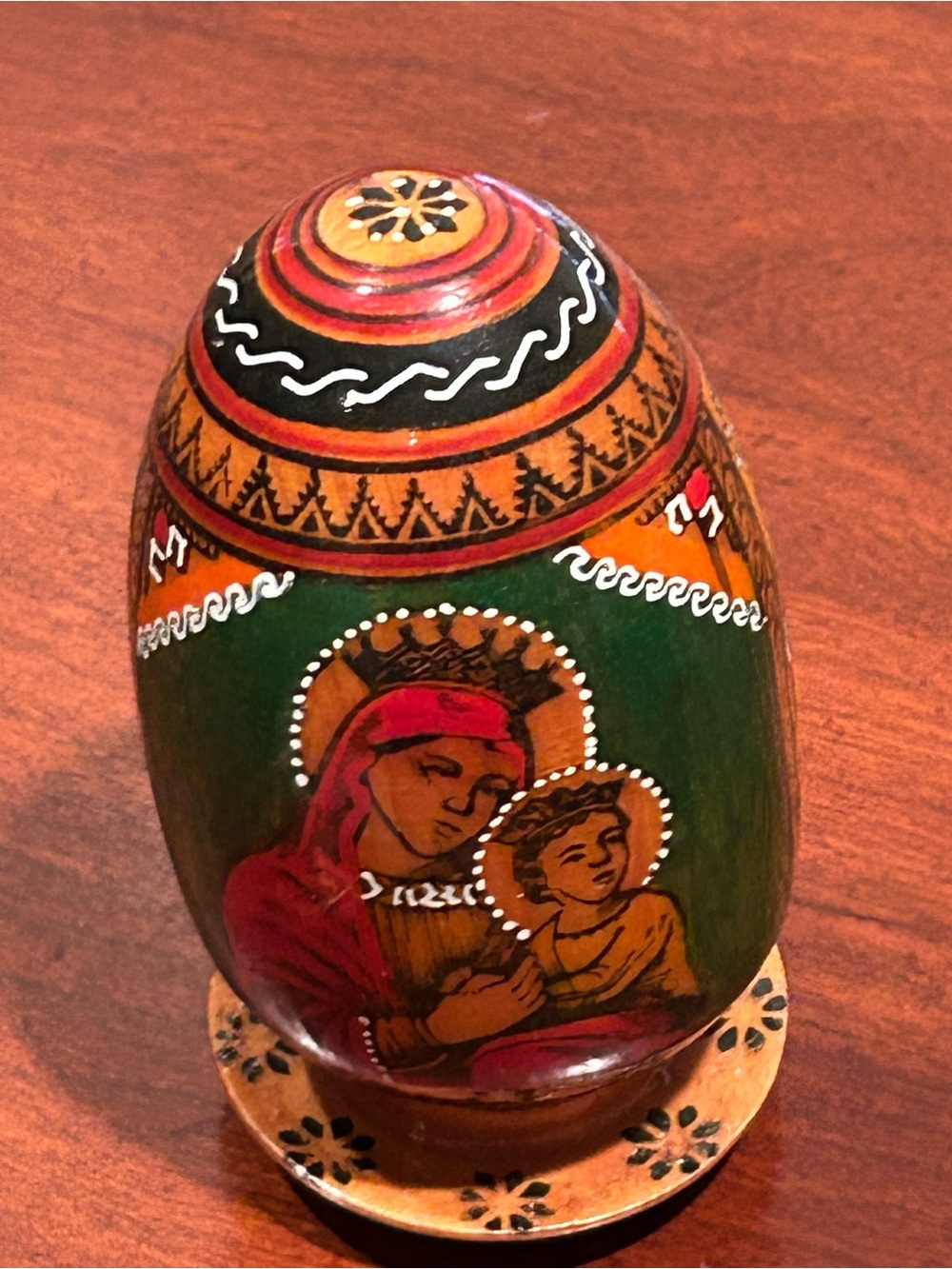 Russian Hand-Painted Green and Red Religious Wooden Egg Decor